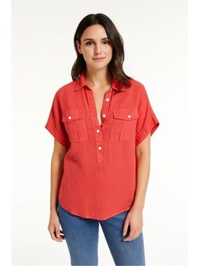 J.Crew Baird McNutt Linen Popover Top Size 6 Coral Short Sleeve